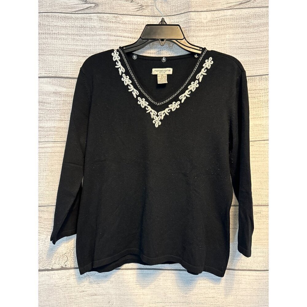 Notations Embellished Black Sweater Top With Silver Trim 3/4 Sleeves Size MP